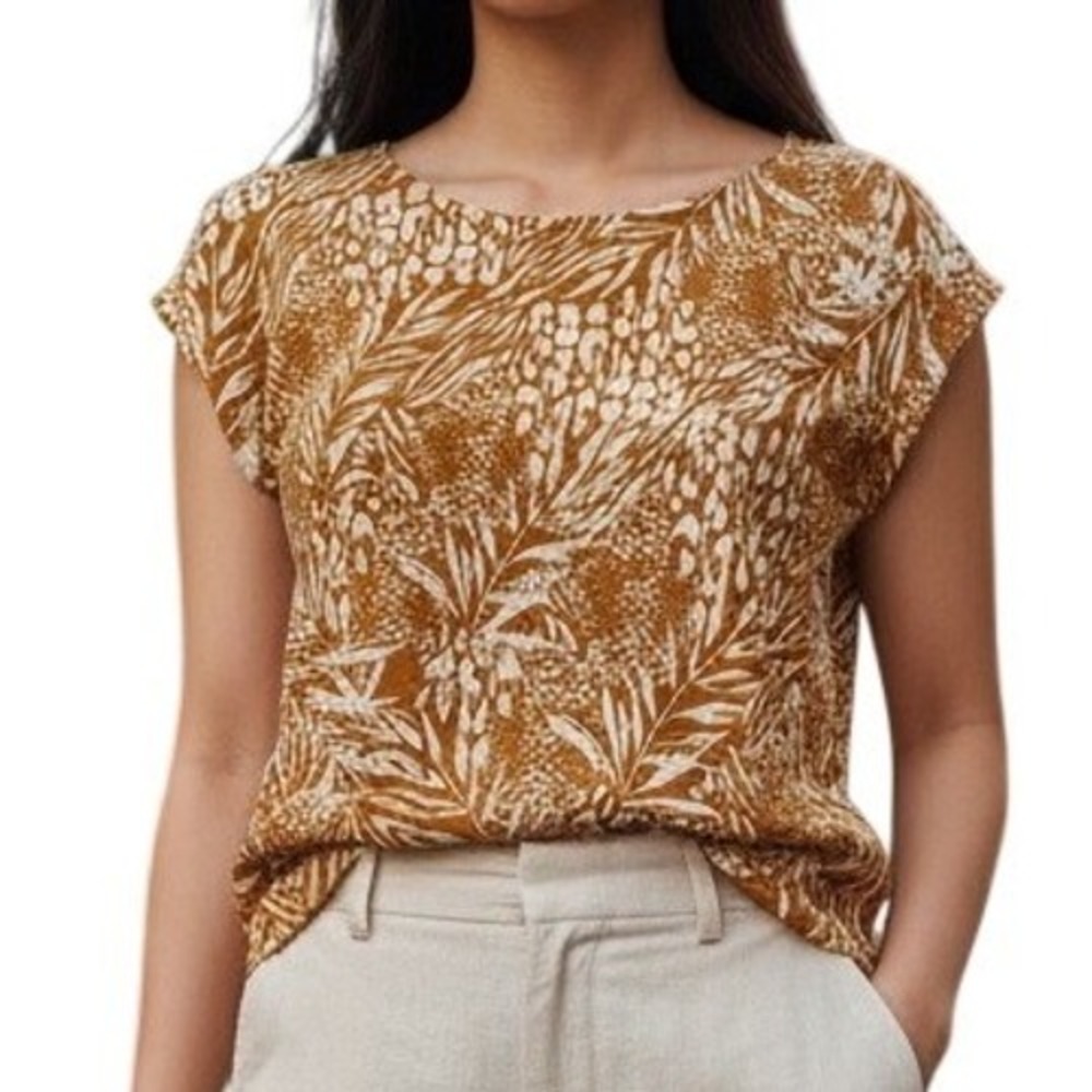 CHRISTIAN SIRIANO New‎ York Mustard Yellow/Cream 100% Linen Tropical Top Size M